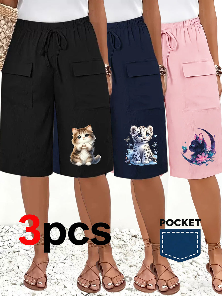 3-Pack Women'S Casual Shorts Pretty Personalized Print Pants Two Front Pocket Design Easy Bow Decoration Wide Leg 5-Point Pants Women'S Casual Outdoor Casual Beach Mid-Length Pants Comfortable Loose Commuting Versatile Shorts - Black + Navy Blue + Powder