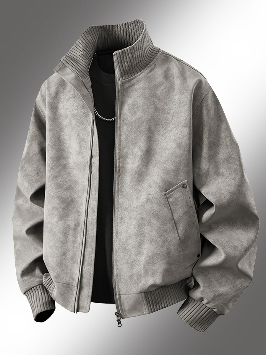Men's Vintage Jacket, High Collar Ribbed Zipper American Casual Distressed Short Men's Jacket, Suitable for Daily Work Wear. - Light Grey