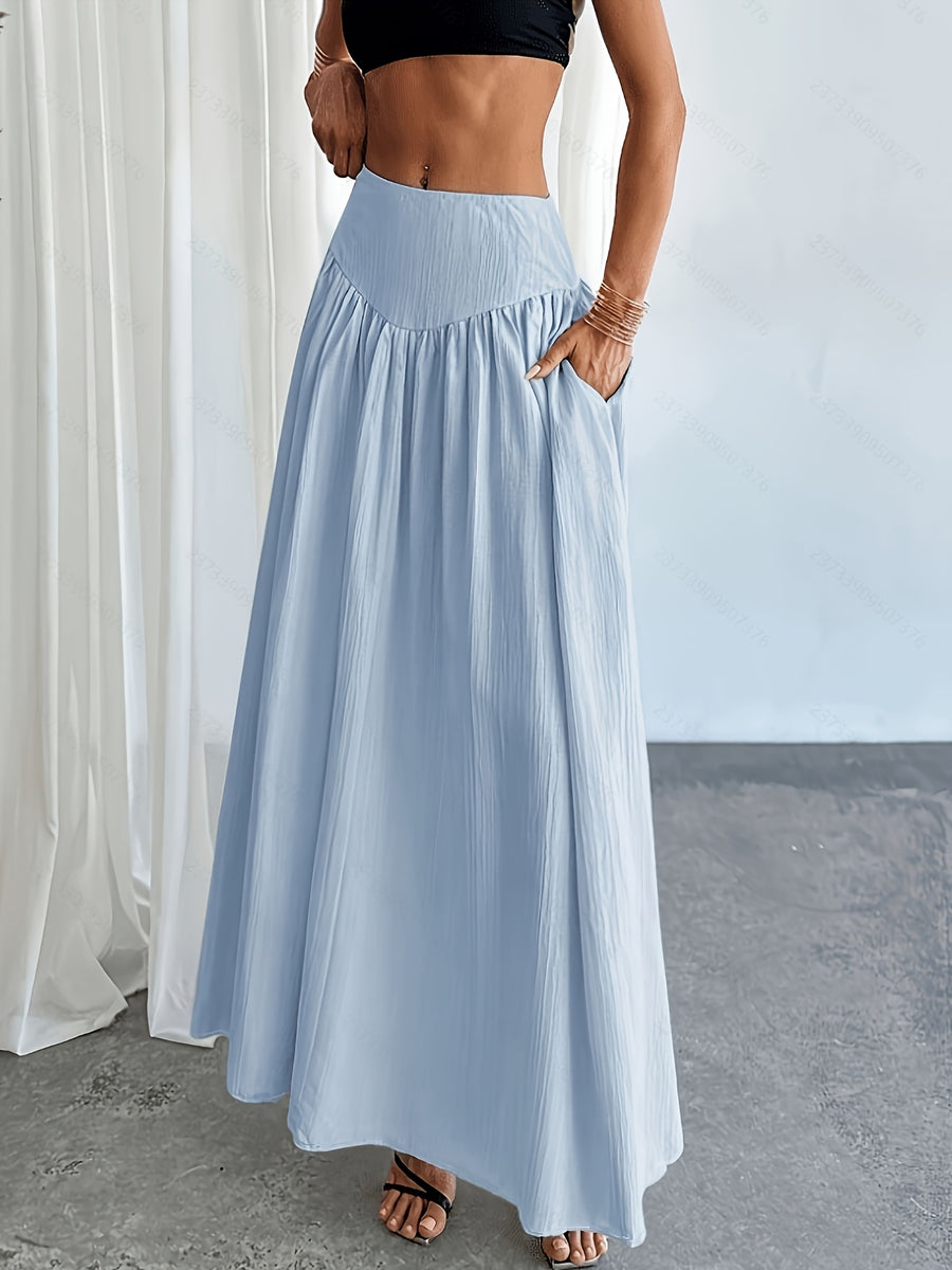 Women's Waist-Cinching Pleated Flared Skirt with Solid Pockets, Comfortable, Versatile, and Elegant, Suitable for Casual Daily Wear and Stylish Commuting, All-Season - Light Blue