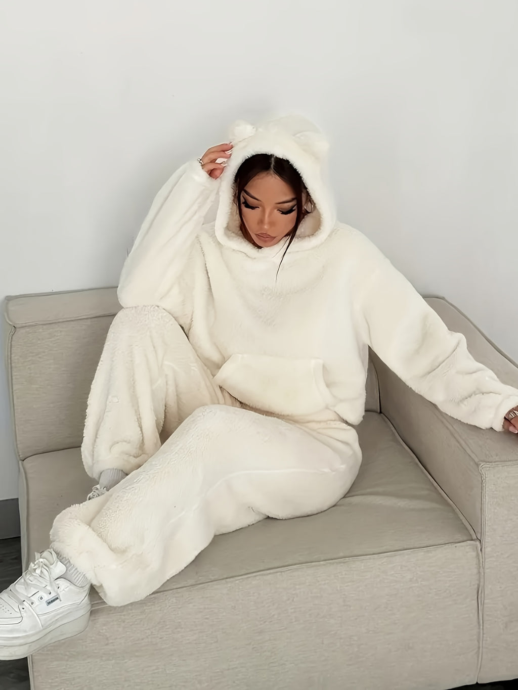 Women's Khaki Fluffy Casual Loose Double-Sided Set "Wilderness - White