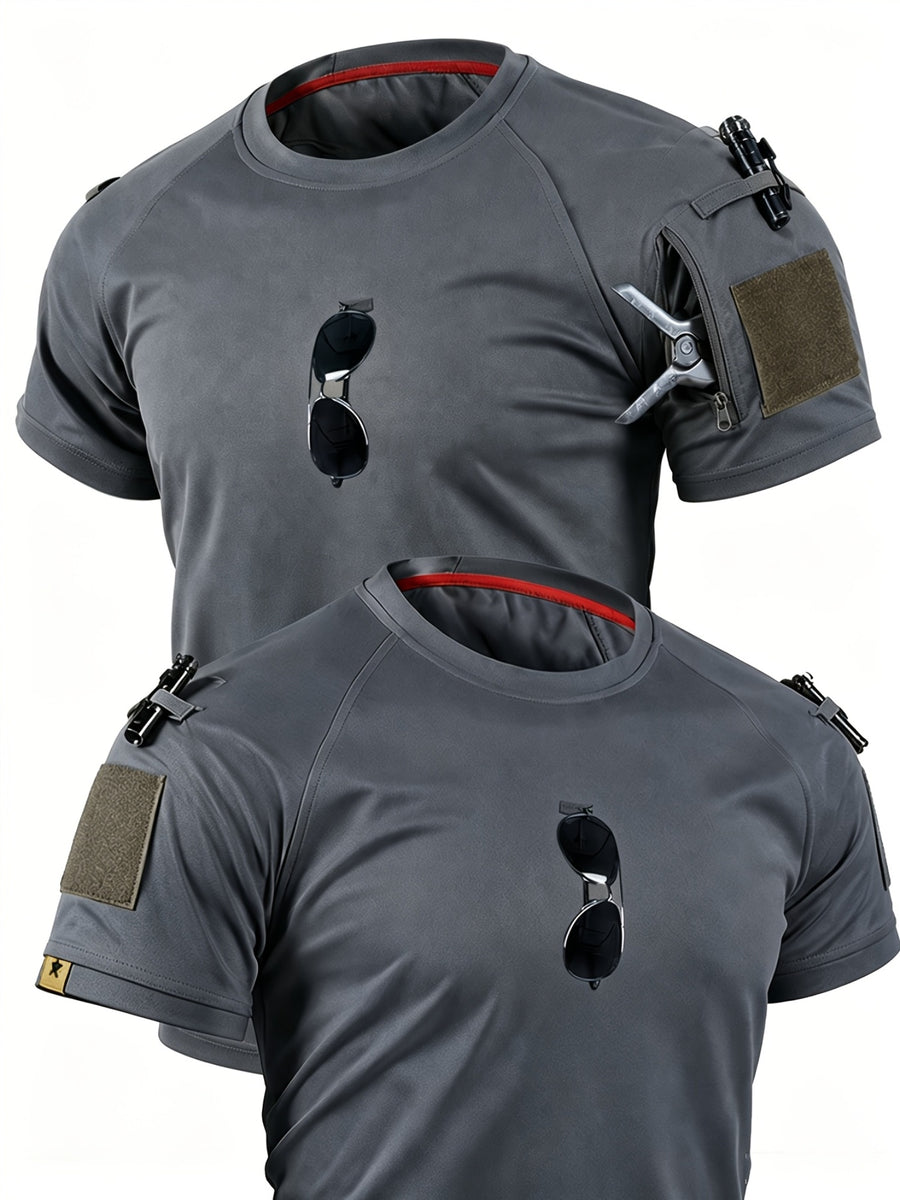 1pc Men'S Round Neck T-Shirt Outdoor Casual Quick-Dry Short Sleeve Top with Pocket And Hook-And-Loop Closure Breathable T-Shirt for Camping Hiking Fishing Running Sports Shirt, Additions Not Included - Grey