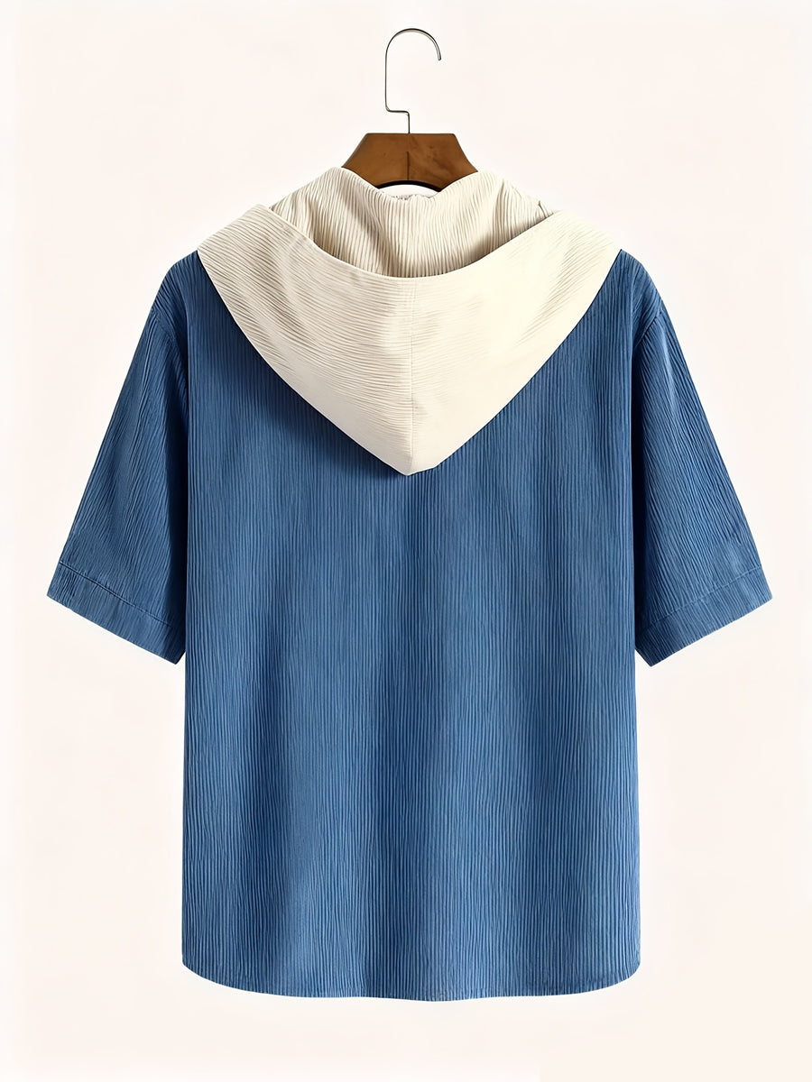 2026 New Men'S Corduroy Short Sleeve Hooded Sweatshirt, Fashionable Versatile Jacket, Comfortable Trendy Top, Suitable for Casual Outdoor Daily Wear - Blue