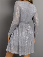 Elegant V-Neck Cross-Slit Sequin Long Sleeve Party Short Skirt - Grey