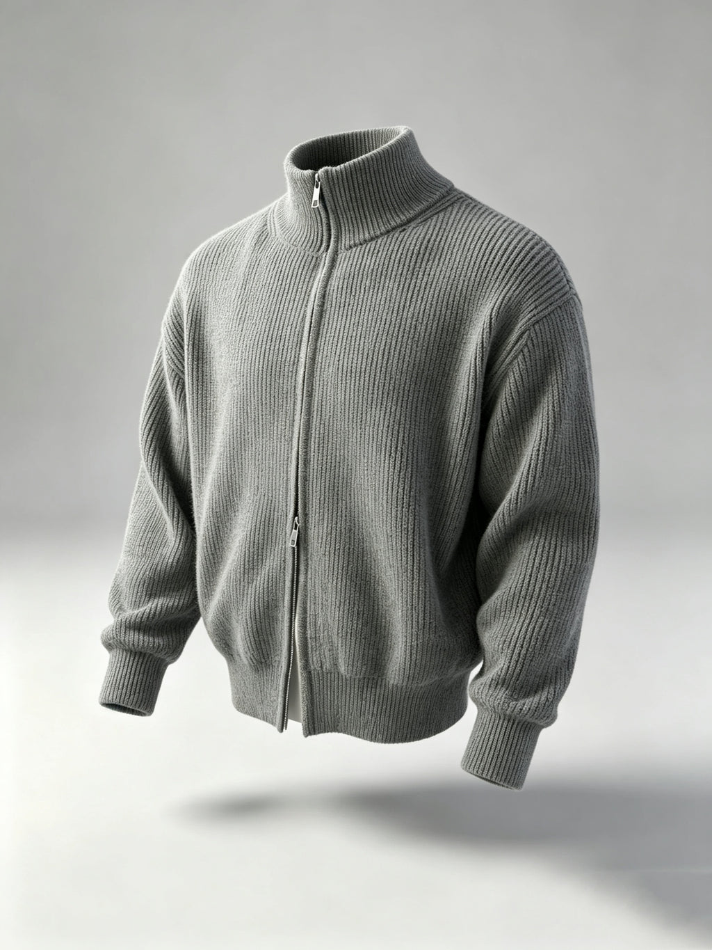 Zip-Up Stand Collar Knit Cardigan, Casual Thick Ribbed Knitwear Jacket, Men's Fashion Winter Clothes for Men - Grey