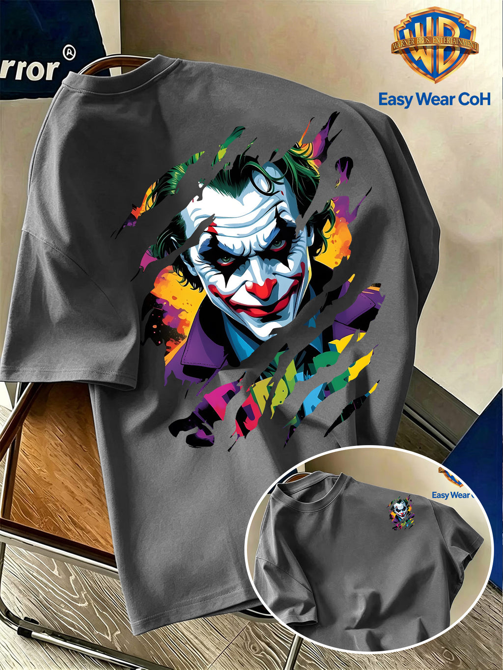 Warner Bros. Official Versatile New Men's Short-Sleeve T-Shirt, DC Joker Torn Claw Mark Effect Creative Pattern Print, DC Joker IP Trendy Men's Short-Sleeve Top, Strong Atmospheric Appeal, Unique Design, Comfortable and Skin-Friendly Fabric - Dark Gray