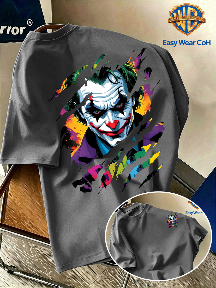 Warner Bros. Official Versatile New Men's Short-Sleeve T-Shirt, DC Joker Torn Claw Mark Effect Creative Pattern Print, DC Joker IP Trendy Men's Short-Sleeve Top, Strong Atmospheric Appeal, Unique Design, Comfortable and Skin-Friendly Fabric - Dark Gray