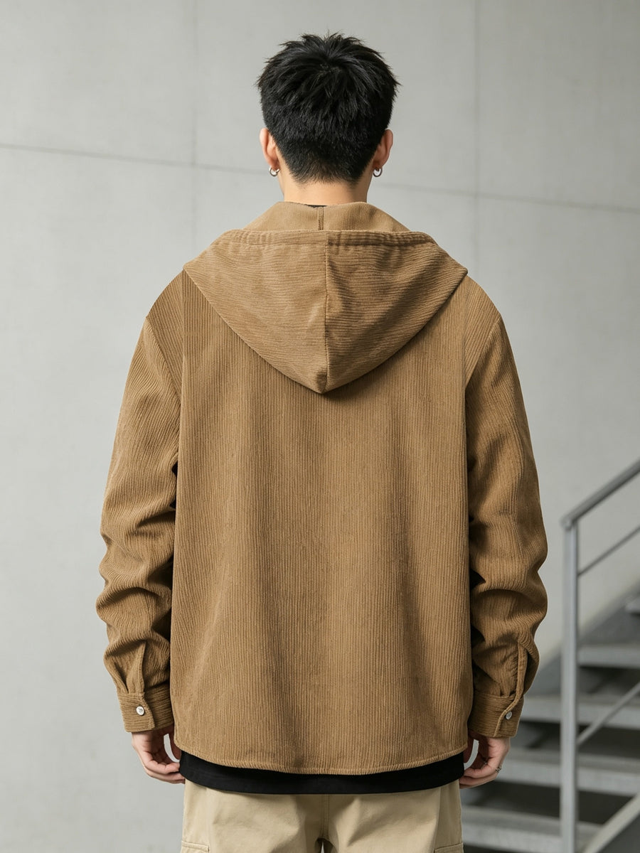 American Retro Hooded Corduroy Shirt Jacket for Men, Relaxed And Casual for Autumn, Workwear Jacket, Japanese Lazy Style, Versatile Trendy Brand Top - 【Light Yellow】