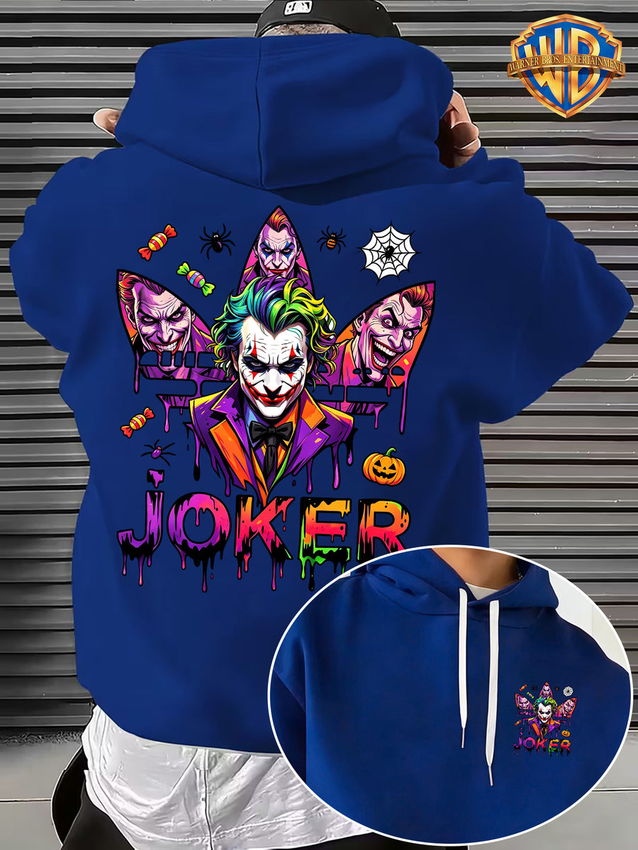Warner Bros. Official Licensed Men'S Hoodie, Halloween Splatter Graffiti Theme Multi-Version Clown Head, Featuring Spider, Web, Candy, Pumpkin And Other Halloween Elements, Dripping Paint Effect Pattern Print, Street Style Men'S Pullover Hoodie - Blue