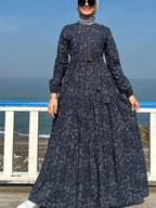 Comfortable Middle Eastern Print Long Dress Robe | Floral Pattern, Long Length, With Belt, Suitable For All Seasons - Slate Grey