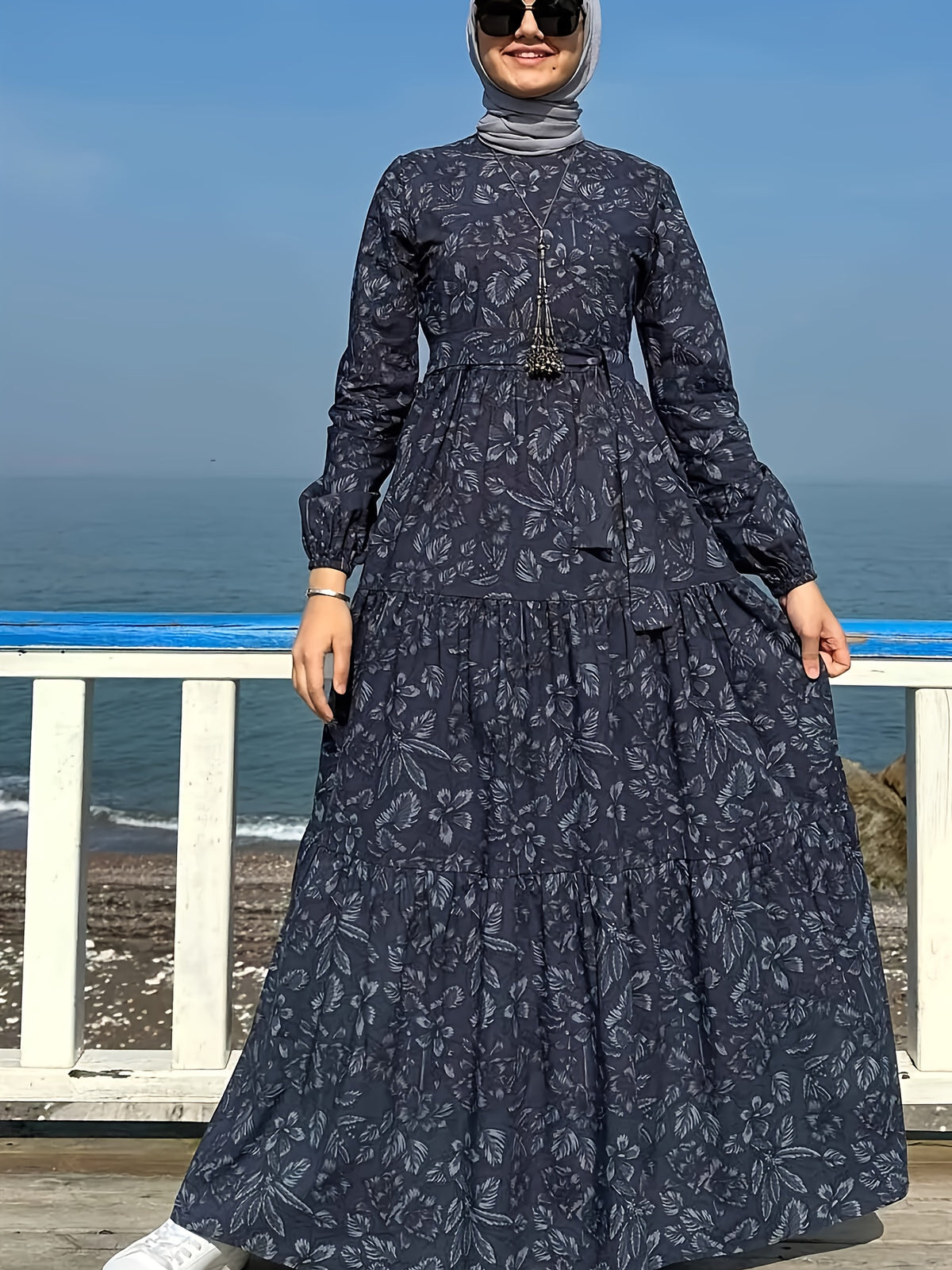 Comfortable Middle Eastern Print Long Dress Robe | Floral Pattern, Long Length, With Belt, Suitable For All Seasons - Slate Grey