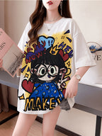 Summer New Fashion Trend Large Size Women's Slim Loose Medium Long Cartoon Short-sleeved T-shirt - White