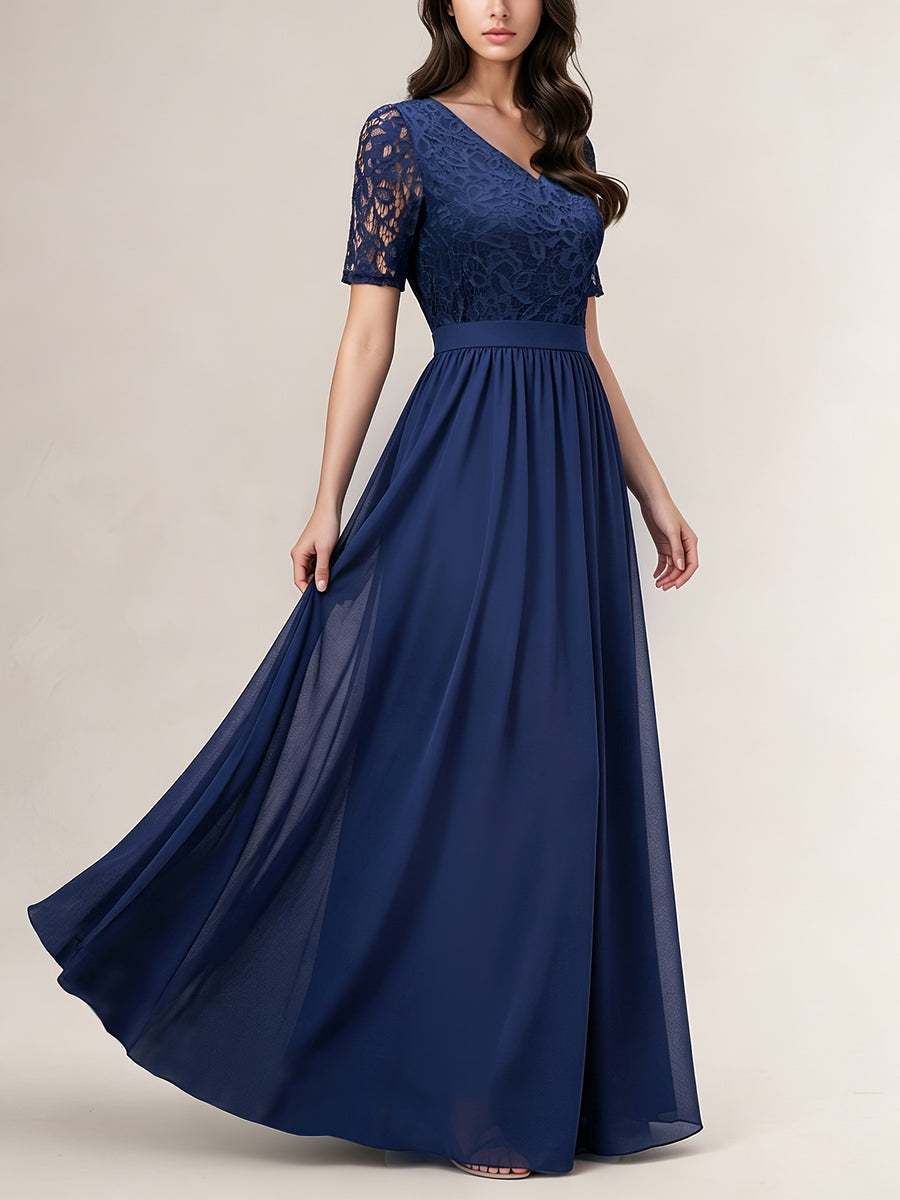 New Western Dress Lace Patchwork Long Waist-Cinching Noble Evening Dress Chiffon Dress - Navy Color