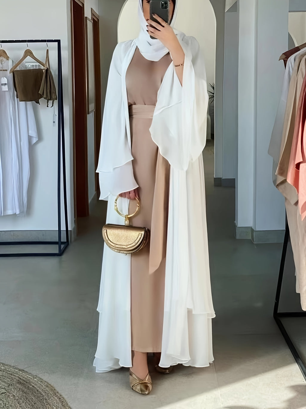 Ramadan Islamic Modest Dress Without Hijab, Long Sleeve Open Front Casual Modest Muslim Dress, Women's Clothing - White