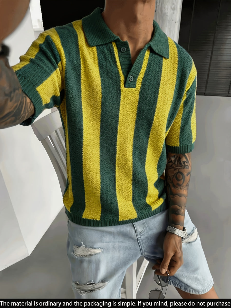 Men'S Knit Short Sleeve Color-Block Pinstripe Polo Collar Casual Loose Business Commute Knit Pullover Top - Green