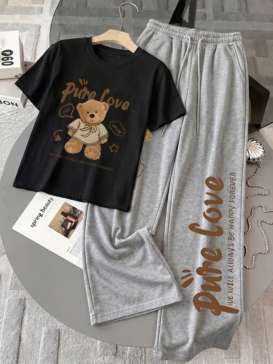 Women's 2-Piece Set: Spring/Summer Fun "Brown Bear" Heart and Letter Print Daily Y Casual T-Shirt with Drawstring Loose Straight-Leg Pants. Soft, Comfortable, Niche Hip-Hop Y2K Versatile Streetwear T-Shirt Set, Suitable for Summer Outings - Black+gray