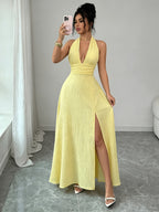 Summer New Women'S Slightly Mature Style Vacation Long Dress, Halter Neck Backless Tie Design, Bubble Texture Fabric, Side Slit Waist-Cinching Fairy Dress - Yellow