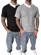 [Shule Water OBM] [Summer 2026 New 2pcs Set] Men'S Waffle Knit Off-Shoulder Button-Up Polo Shirt - Gray Black