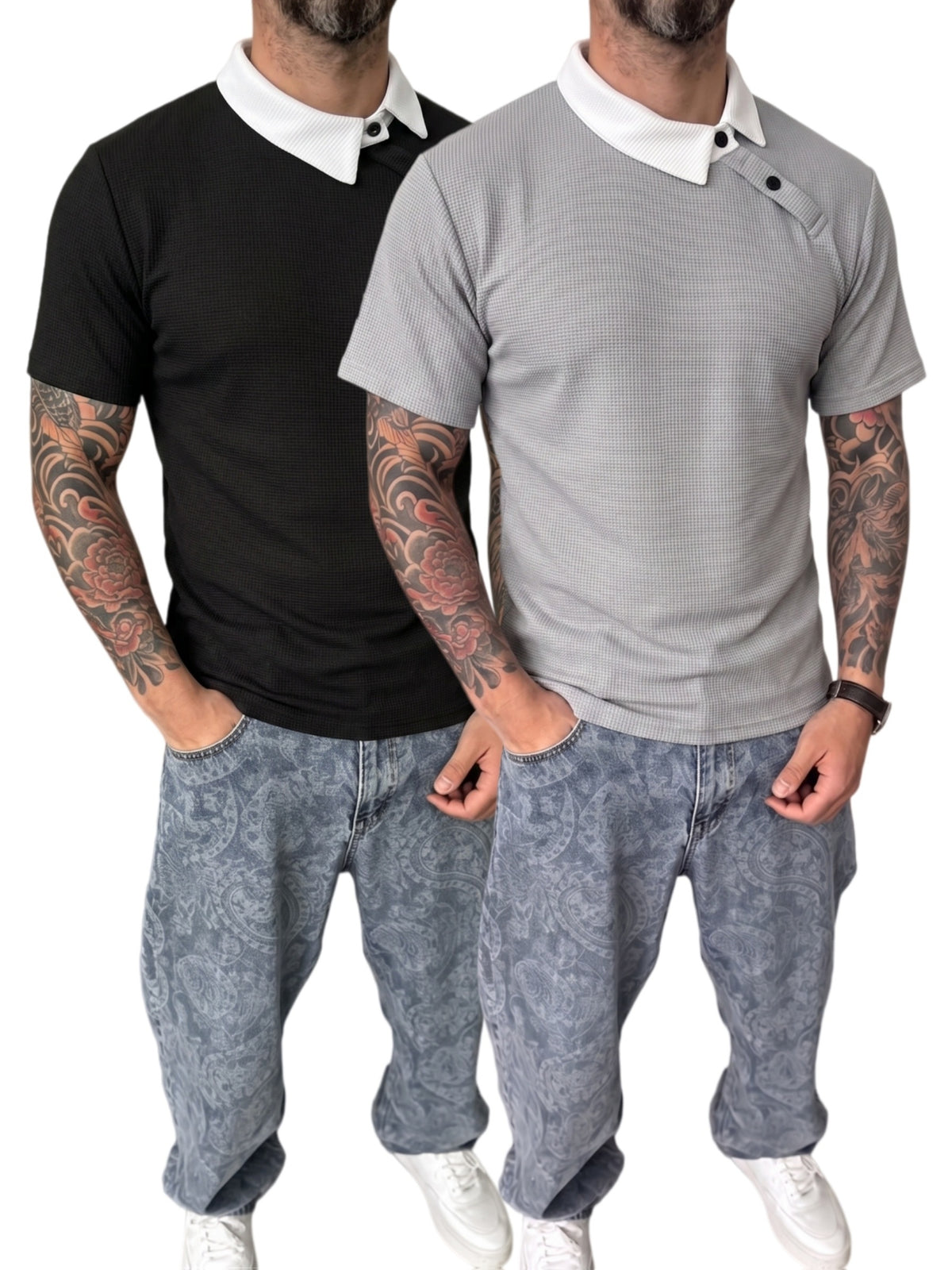 [Shule Water OBM] [Summer 2026 New 2pcs Set] Men'S Waffle Knit Off-Shoulder Button-Up Polo Shirt - Gray Black