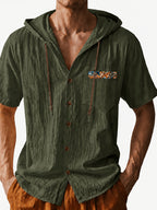 Men's Short Sleeve Hooded Shirt, Casual Button Hoodie Top with Chest Pocket, Lightweight Breathable Summer Shirt for Beach Vacation, Travel, Resort Wear, Outdoor Leisure, Streetwear Style and Daily Casual Outfit - Military Green