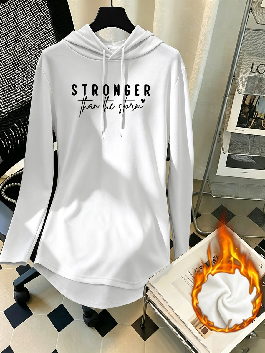 Mid-Length Hooded Sweatshirt for Women, Loose Hip-Covering Letter Print Drawstring Pullover Top - White
