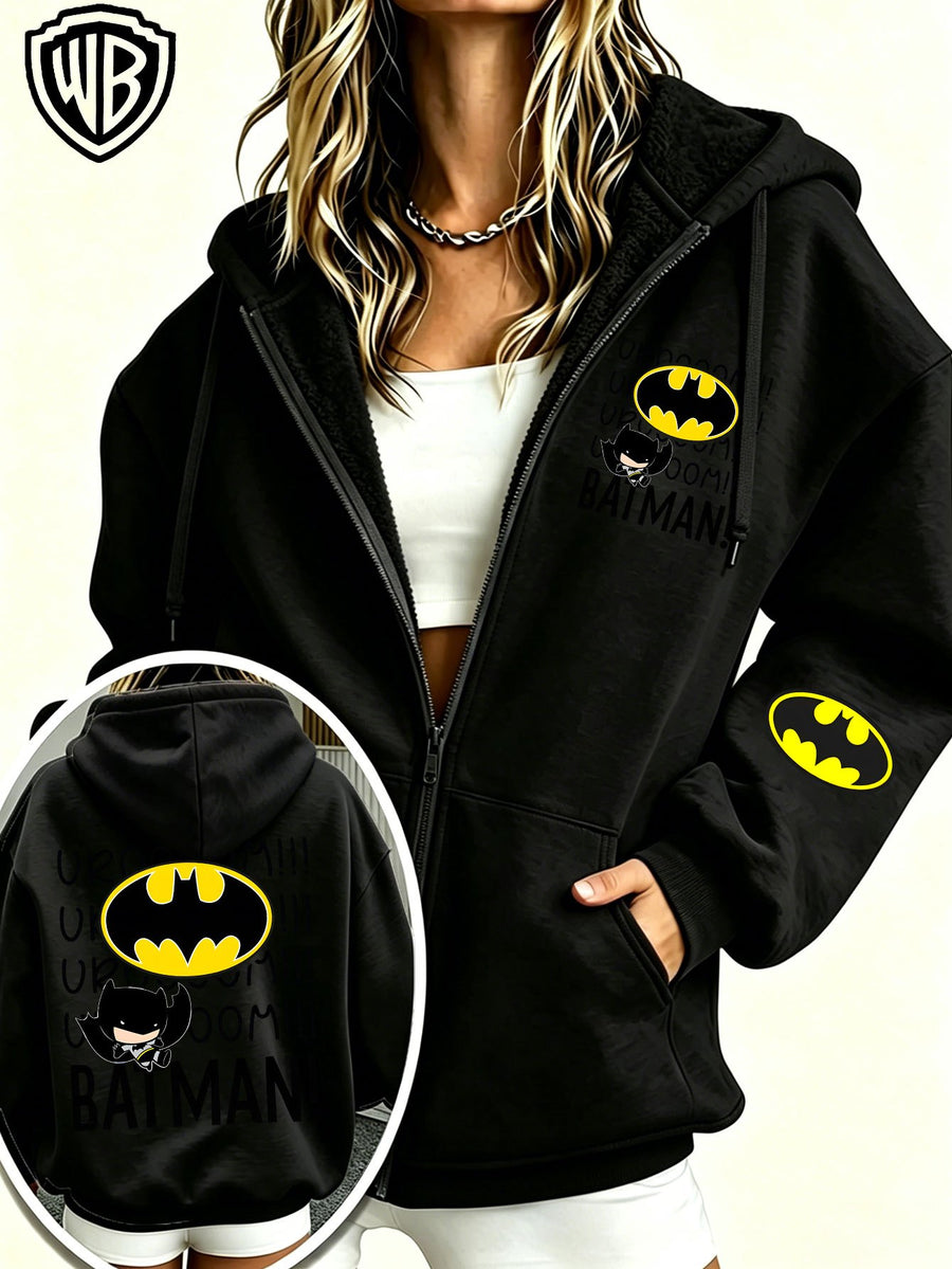 Everyday Casual Zip-Up Hooded Cardigan Jacket, Officially Licensed Warner Bros. DC Batman with Classic Bat Logo, Paired with Vintage "BOOM" Onomatopoeic Fun Lettering Font, Featuring Multiple Dark Hero-Style Prints on the Garment, a Simple and Cool - Black