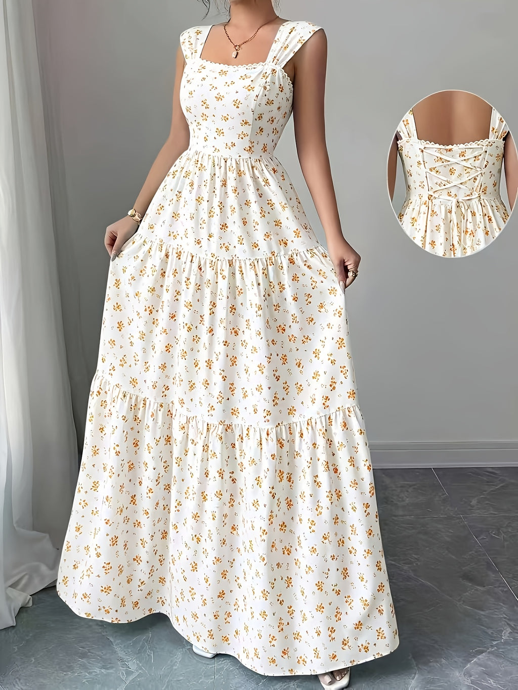 Elegant Printed Tiered Tunic Dress | Square Neck, Sleeveless, Long Length, Trapeze Hem, Regular Fit For Adults - Multicolor 1