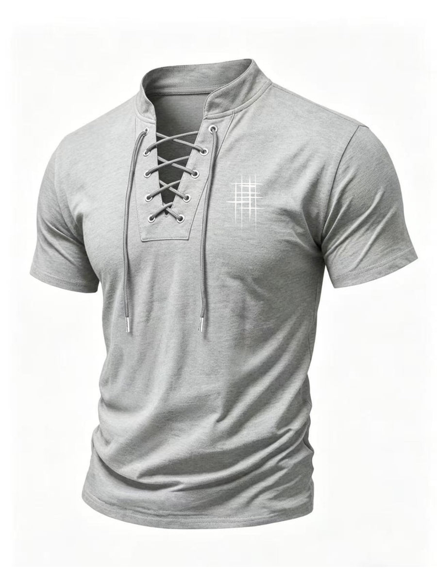 Men's Henry Neck Cross-Strap Short Sleeve T-Shirt with Mesh Line Print, Soft and Comfortable Fabric, American Trendy Design, Suitable for Dating, Commuting, and Casual Occasions, Creating a Clean, Casual, and Refreshing Look - Light Grey