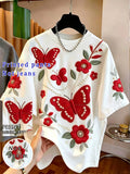 [Printed Design-Not Textured] New Women'S Blue Butterfly Floral Pattern T-Shirt, Women'S Round Neck Short Sleeve, White Base Elegant Fruit Print, Summer Daily Commute Casual Fashion Basic Style - Scarlet red