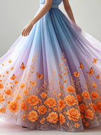 Mesh Printed Skirt Suitable for Formal And Semi-Formal Banquets, Weddings, Guests, Parties, Dresses, Wearable in All Seasons - Blue
