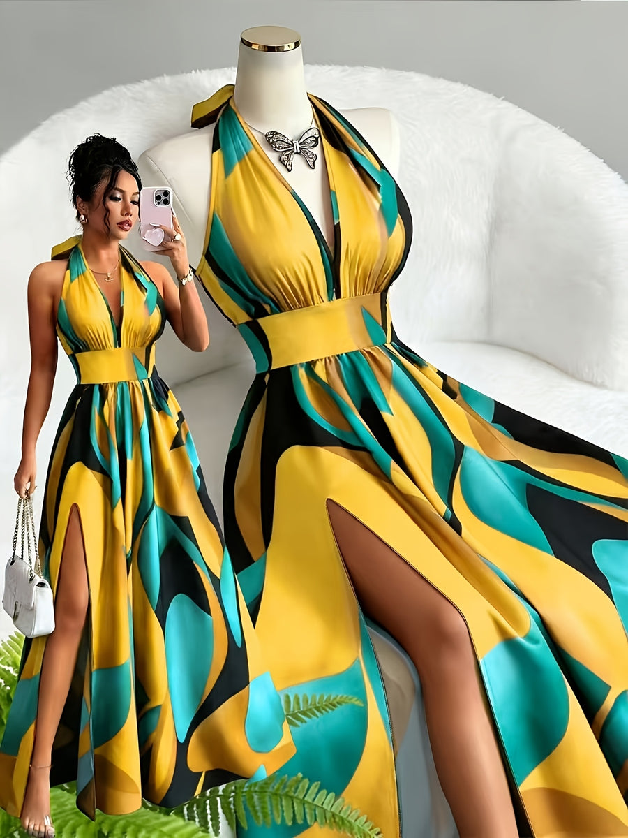New French-Style Casual Elegant Sexy High-End Design V-Neck Backless Spaghetti Strap Waist-Revealing A-Line Slit Sleeveless Long Dress, Red and Green Floral Print, High-Quality Exquisite Women's Clothing - Yellow