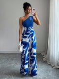 Women's Elegant Off-Shoulder Floral Print Jumpsuit - Blue