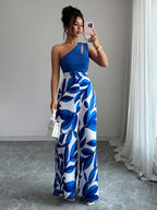 Women's Elegant Off-Shoulder Floral Print Jumpsuit - Blue