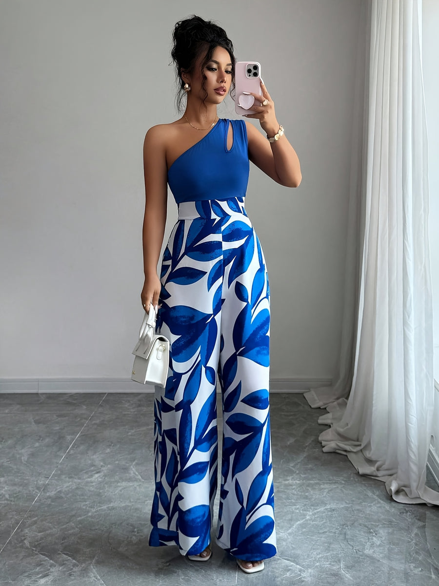 Women's Elegant Off-Shoulder Floral Print Jumpsuit - Blue