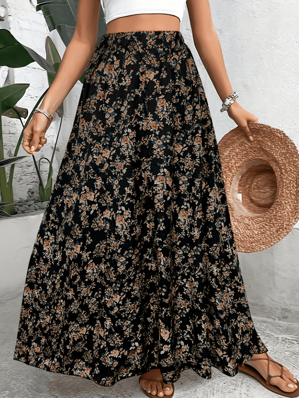 1pc Women'S Floral Print Elastic High-Waist A-Line Skirt - Black