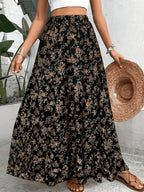 1pc Women'S Floral Print Elastic High-Waist A-Line Skirt - Black
