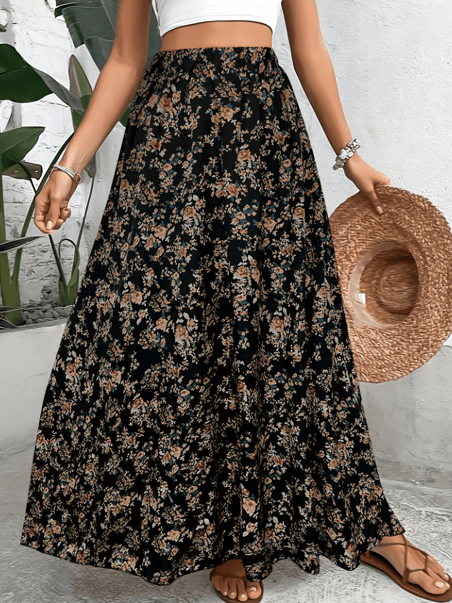 1pc Women'S Floral Print Elastic High-Waist A-Line Skirt - Black