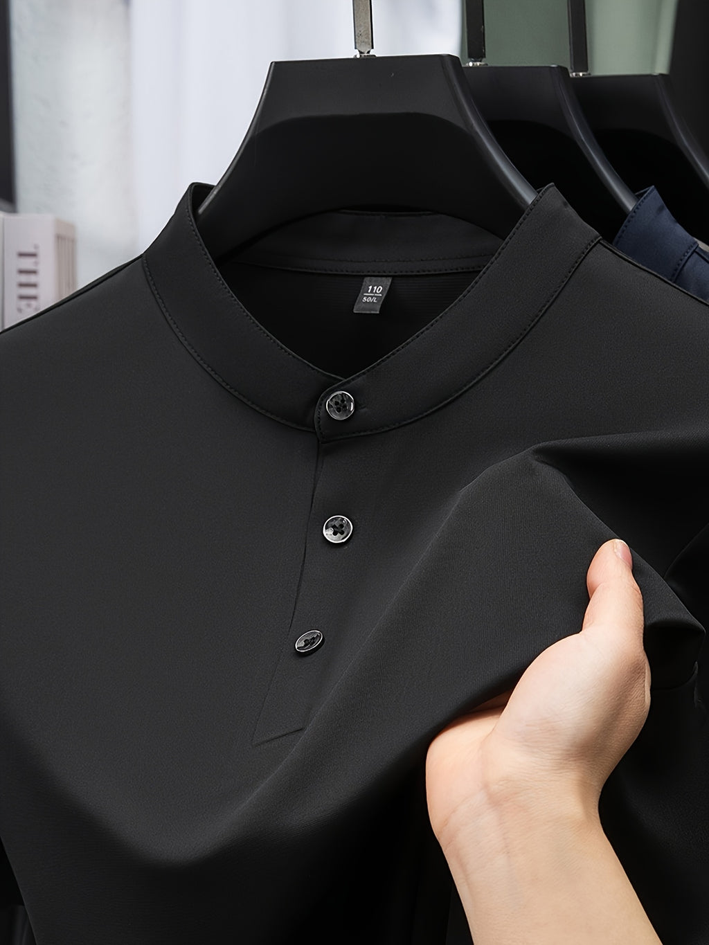 Joshime OBM Men's T-Shirt, New Summer Style, Men's Stand Collar Solid Color Short Sleeve Tee, Middle-Aged Casual Half-Sleeve T-Shirt - Black