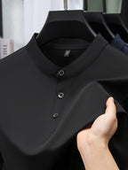 Joshime OBM Men's T-Shirt, New Summer Style, Men's Stand Collar Solid Color Short Sleeve Tee, Middle-Aged Casual Half-Sleeve T-Shirt - Black