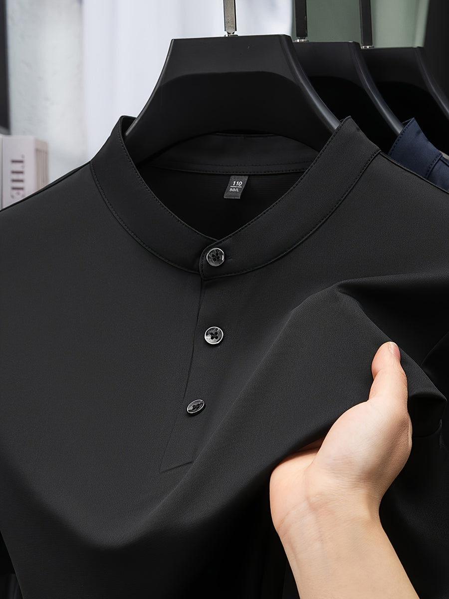 Joshime OBM Men's T-Shirt, New Summer Style, Men's Stand Collar Solid Color Short Sleeve Tee, Middle-Aged Casual Half-Sleeve T-Shirt - Black