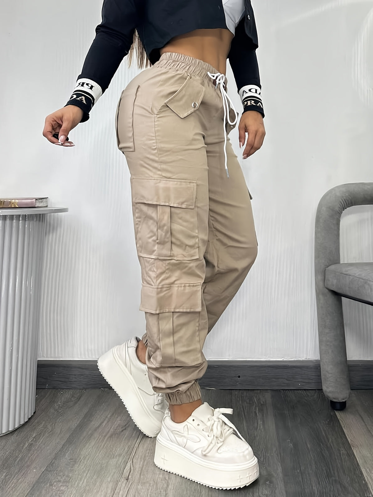 Christmas, Women'S Casual Drawstring Elastic Waist Jogger Pants, Minimalist Design Y2K Street Style Multiple Pockets Spring/Summer - Khaki