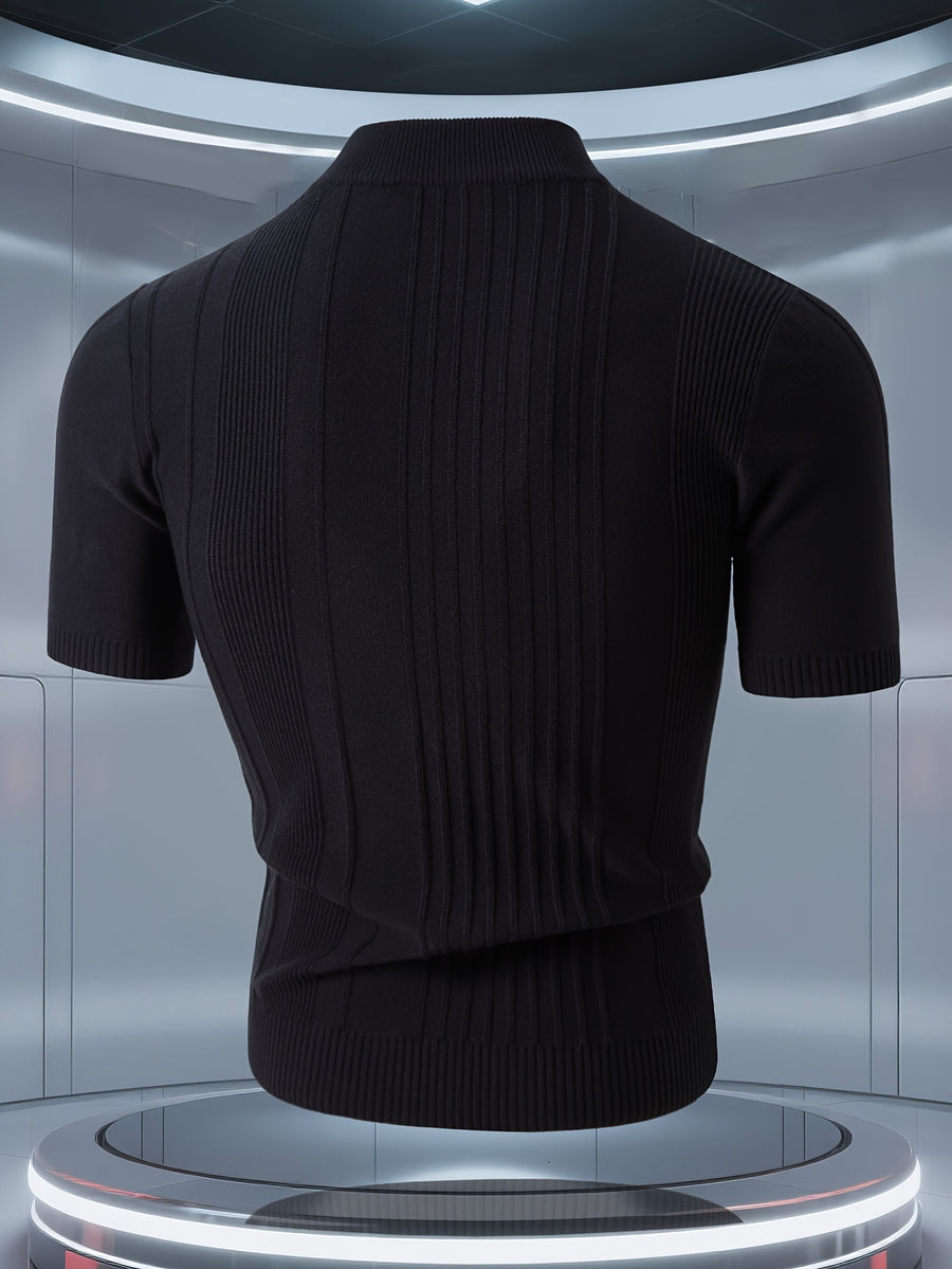 Men'S Short-Sleeved Knitted Shirt, Short-Sleeved Sweater with a Small Stand-Up Collar, T-Shirt Sweater That Can Be Worn in Spring, Autumn And Winter, Half-High Collar Short-Sleeved Knitted Sweater, Thick, Warm, Solid Color Base - Black