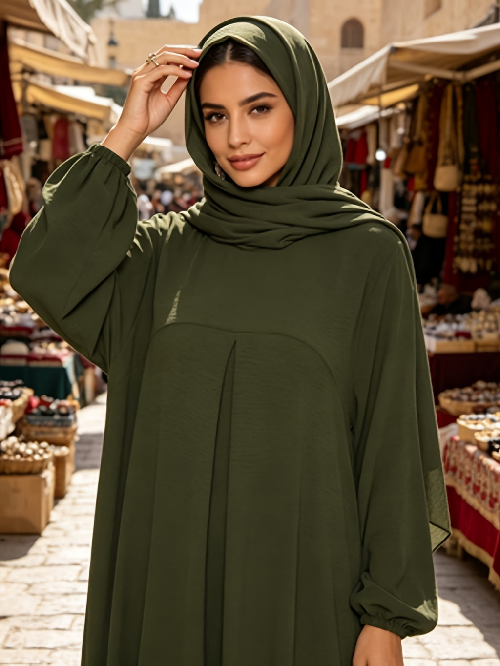 1pc (Headscarf Not Included) Elegant Holiday Style Loose Wrinkled Versatile Solid Color Suitable for Daily Wear Comfortable Casual Loose Comfortable Women'S Abaya Dress. Abayas for Women Muslim Long Dresses for Women Abaya Damen Ladies Abaya Robe Ma - Olive Green
