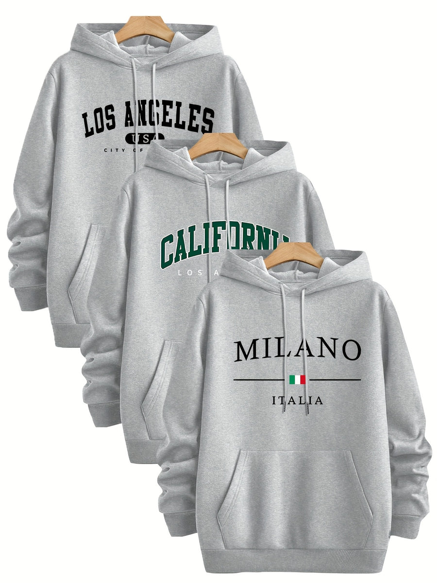 3pcs Urban Element Print Sweatshirt, Men's Casual Hooded Sweatshirt, Long-sleeve Pullover, Slight Stretch, Knitted Polyester Fabric, Regular Men's Hoodie - Light Grey