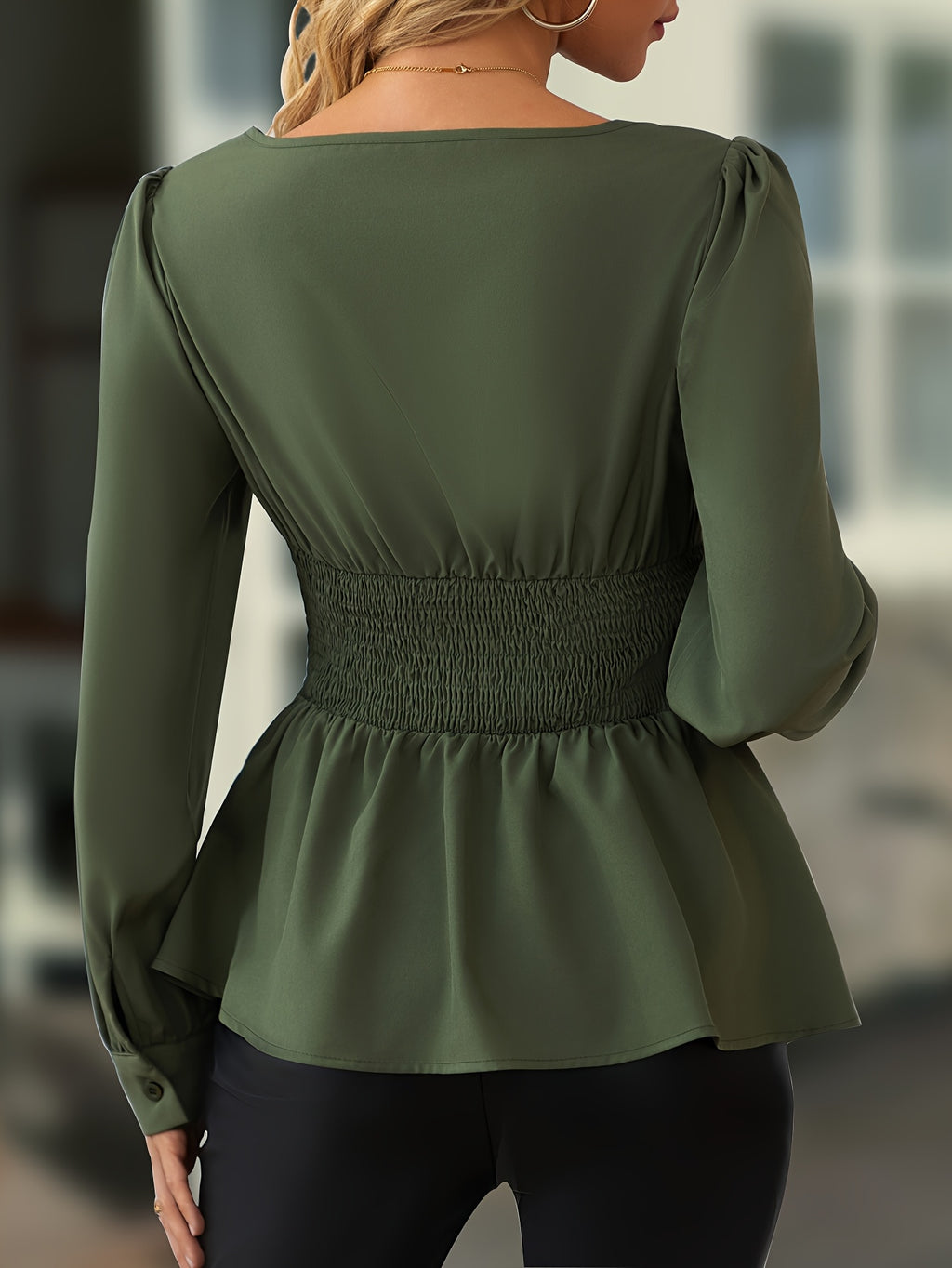 Women's Solid Color Square Neck Puff Sleeve Asymmetrical Hem Elegant Shirt, Green Autumn Shirt - Green