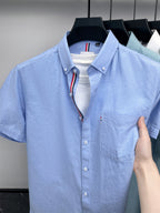 Men's Pure  Short-Sleeve Shirt, High Quality, Suitable for Business, Outerwear, Home, Gatherings, Parties, Skin-Friendly, Breathable, Fine Texture, Mature Style - Light Blue