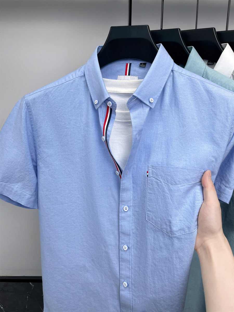 Men's Pure Short-Sleeve Shirt, High Quality, Suitable for Business, Outerwear, Home, Gatherings, Parties, Skin-Friendly, Breathable, Fine Texture, Mature Style - Light Blue