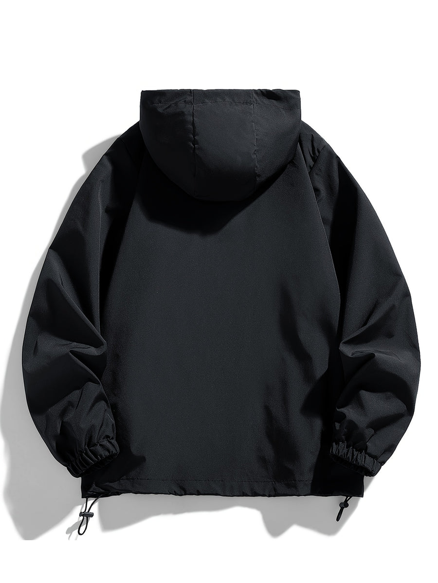 Men's New Jacket Coat Spring Autumn Casual Jacket Sports Outdoor Zipper Pocket, Hooded Design - Black