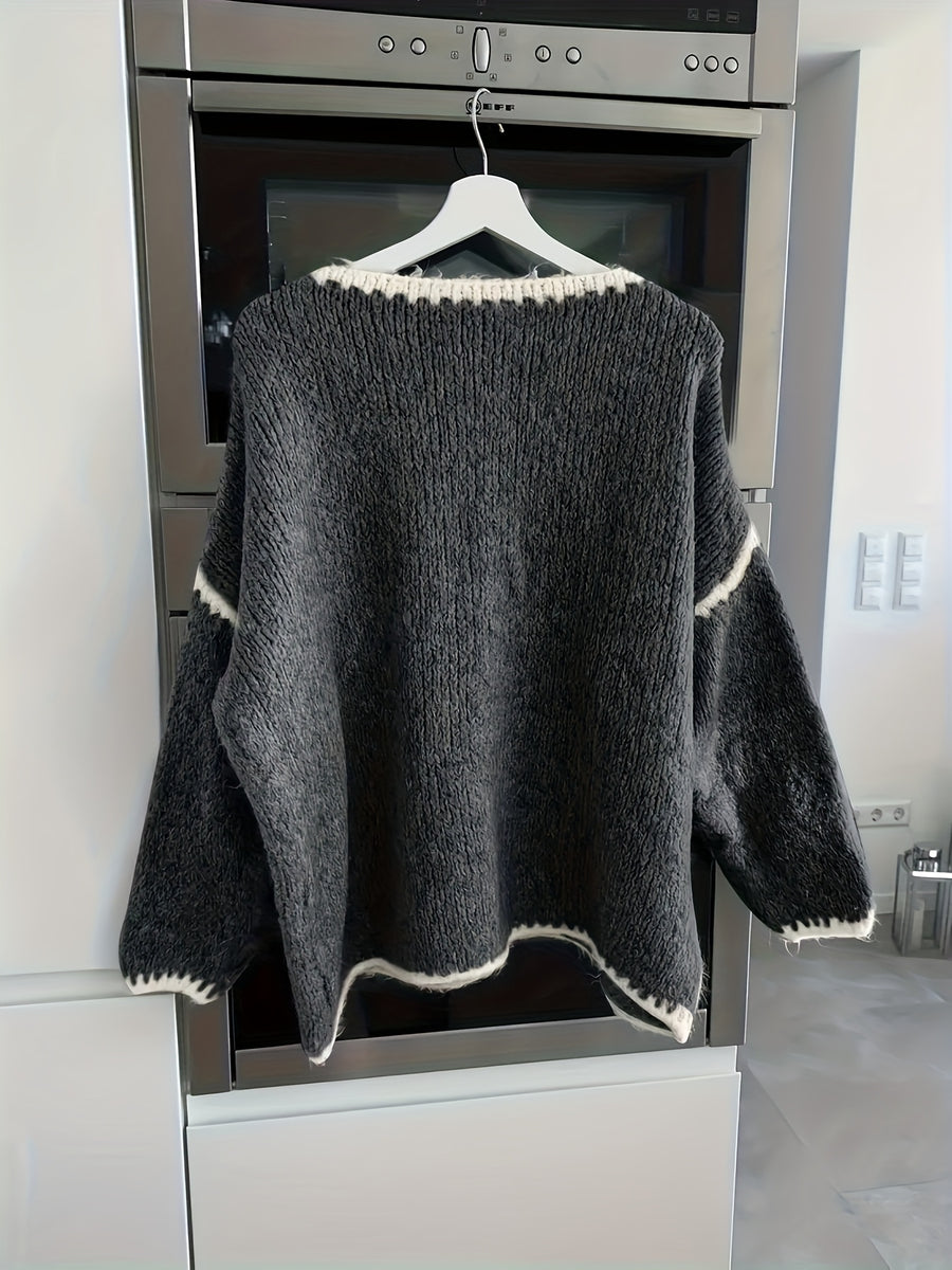 Women's Floral Pullover Elegant Sweater for Autumn and Winter - Graphite Color