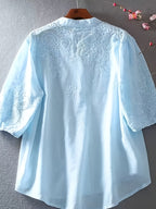 Vintage V-Neck Pure Embroidered Floral Loose Fit Casual French-Style Openwork Heavy Embroidery Shirt Top - Sky Blue