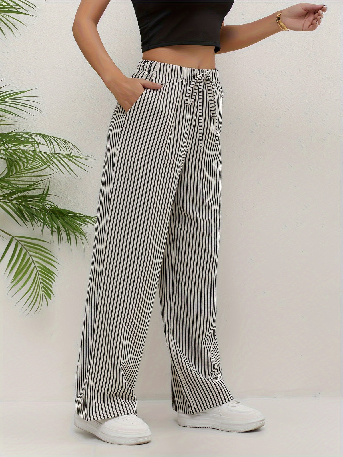 Striped Women's Casual Pants, Four Seasons Lazy Style Elastic Waist Drawstring Loose Versatile Textured Wide Leg Long Pants - Apricot Black Strips